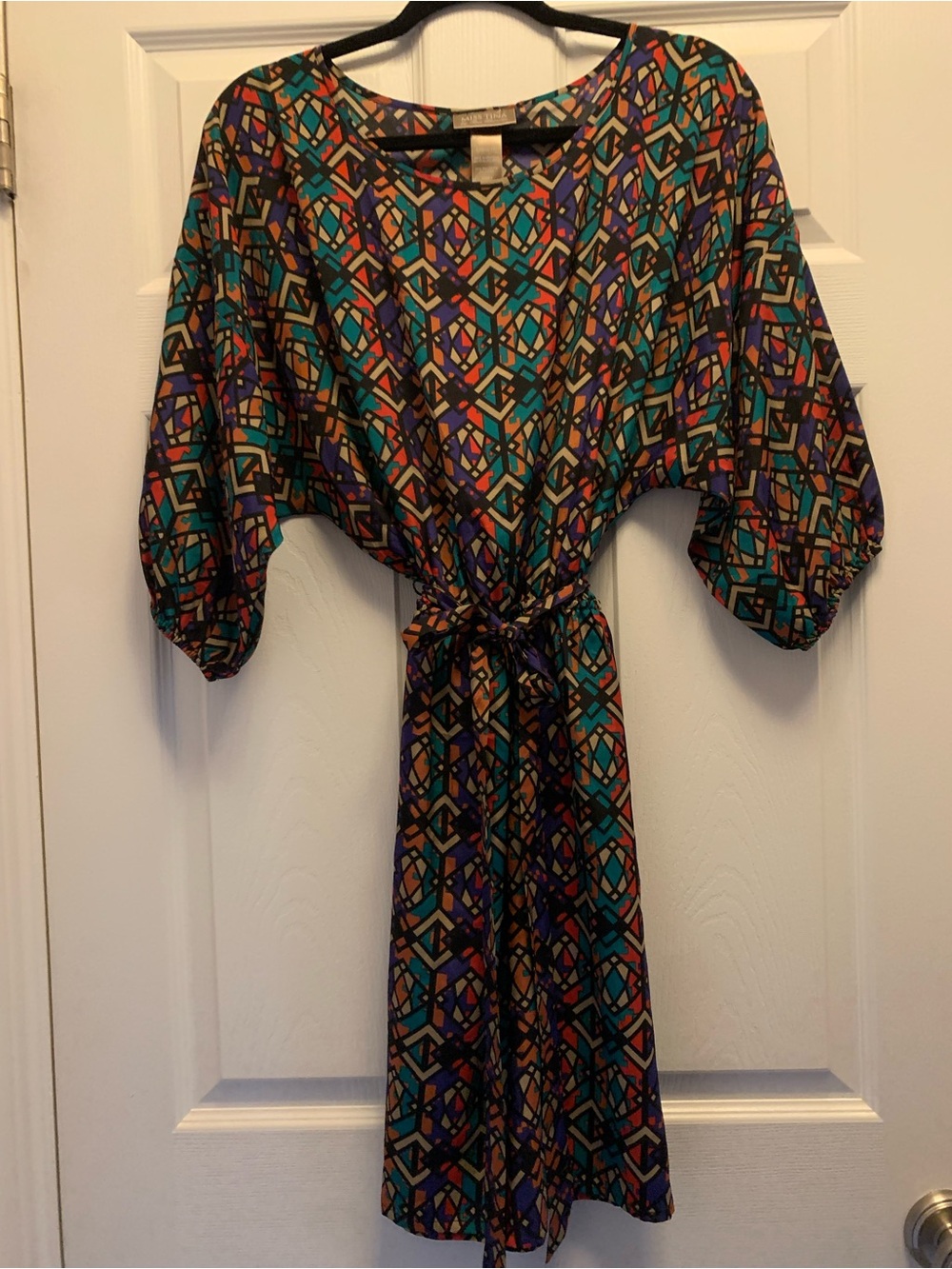 Miss Tina Multicolor Geometric Midi Dress with Tie Waist